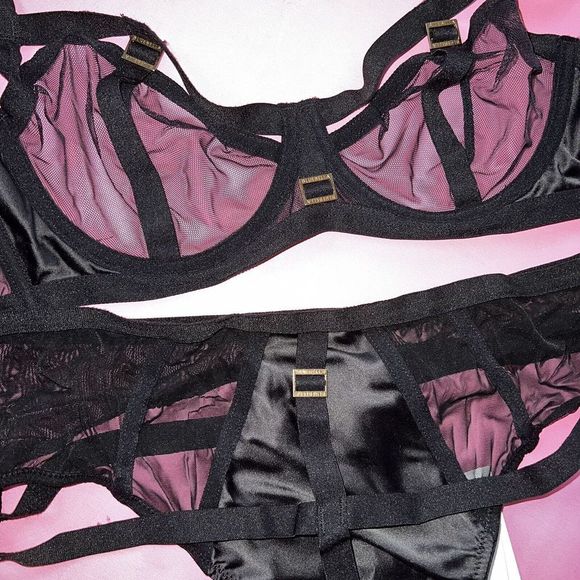 NWT BLUEBELLA unlined 36C BRA SET+M high-waist thong BLACK strappy mesh satin - Picture 3 of 6